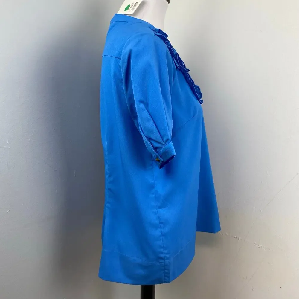 Tulip B Boutique Royal Blue Short Sleeve Ruffle Neck Tie Pussybow Blouse Large
